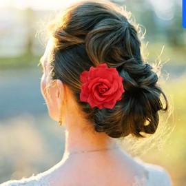 Inateannal Large Red Flower Hair Clip Headpiece Red Rose Flower Hair Clip Large Floral Hair Pins Rose Flower Brooch Bridal Barrette Headwear Head Clip Two-Way Jewellery for Women