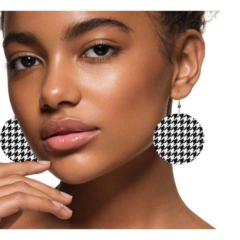 Swono Houndstooth Round Faux Leather Earrings for Women Black and