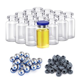 FOUR E'S SCIENTIFIC 10ml Glass Vials 100 PCS, Lab Headspace Vial with Plastic-Aluminum Flip Caps, Rubber Stoppers, Transparent