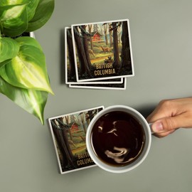 British Columbia, Slip Away, Cabin with Wildlife (Absorbent Ceramic Coasters Set of 4 Matching Images, Cork Back, Kitchen Table Decor)