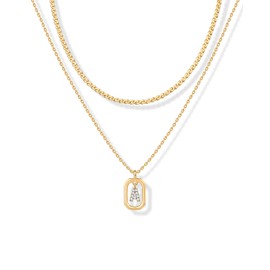 PAVOI 14K Yellow Gold Plated Cubic Zirconia Letter Pendant Layered Necklace | Framed Initial Letter Cable Singapore Chains Layering Necklaces for Women | A Initial
