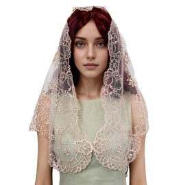 VELUTHERINE Chapel Veils Catholic Mass Mantilla - Champagne Wedding Bride Bridesmaid Veil Spanish Pomegranate Flower Cross Triangle Veil Latin Mass Mantilla With Gift Box
