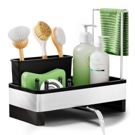 Alyvisun Grande Capacità Porta Spugne Lavello Cucina con Vaschetta di Scarico Autodrenante, Organizer Lavello Cucina in Acciaio Inossidabile, Accessori Multifunzionali per Cucina e Bagno