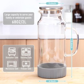 Hsei Glass Pitcher with Lid Glass Water Pitcher Water Hot/cold Glass Jug with Handle Drink Glass Carafe for Fridge Iced Tea Coffee Juice Homemade Beverage (Gray Coaster,68 oz)