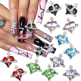 YAEISM 3D Heart Nail Charms 6 Color Planet Nail Gems with Nail Rhinestones Sliver Crystal Shiny Saturn for Nail Art and DIY Crafts Decoration