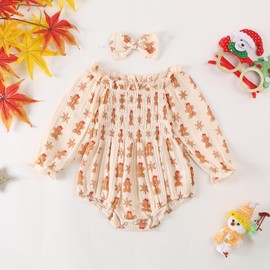 COORALLY Infant Baby Girl Christmas Outfit Cotton Linen Smocked Bodysuit Long Sleeve Romper with Headband (Beige, 0-3 Months)