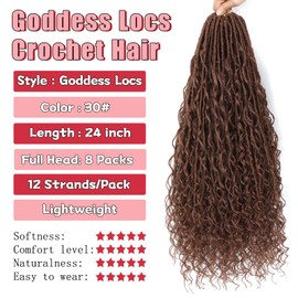 XIIMENALU Boho Faux Locs Crochet Hair 8 Packs Goddess Soft Locs with Curly Ends Pre-Looped Bohemian River Locs Crochet Hair Extensions for Black Women (30#, 24 Inches (Pack of 8))