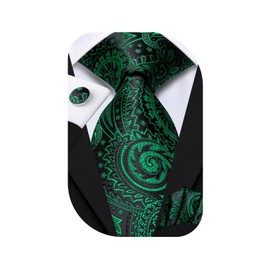 Hi-Tie Men 63inches Tie Set Extra Long Necktie Paisley Tie Pocket Suqare Cufflinks Big and Tall Men Tie,Black Green Floral