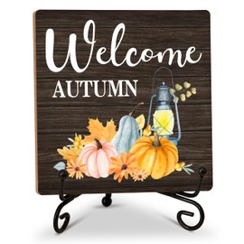 Fall Quote Desk Decor, Thanksgiving Gifts for Women Family Friends Coworkers, Autumn Pumpkin Sign for Farmhouse Home Office Living Room, Welcome Autumn Wood Plaque With Iron Stand -34