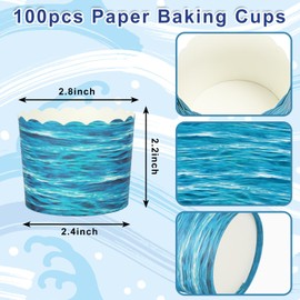 JarThenaAMCS 100Pcs Ocean Wave Paper Baking Cups Blue Ocean Cupcake Wrappers Scalloped Edge Cupcake Muffin Cases for Summer Ocean Party Supplies