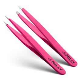By MILLY Precision Tweezers Set | Slanted and Pointed Tip Tweezers Kit | High Carbon Stainless Steel | Aligned & Hand-Filed Tweezer Set Professional | Hair Removal & Eyebrow Tweezer Set | Pink