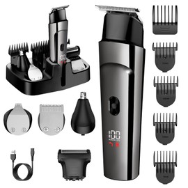SkelEduPro Beard Trimmer for Men - 5 in 1 Kit Electric Razor, Nose Hair Trimmer with LED Display, Cordless Mustache Body Face Grooming Kit, Waterproof Rechargeable Beard Shaver -Gray