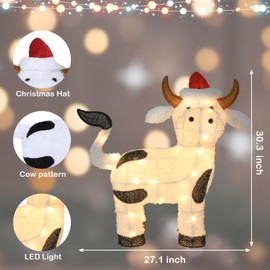 Bshine Light Up Christmas Farm Animal Outdoor Decoration, 30.3 Inch 3D Cow Wearing Xmas Hats Lighted Holiday Display, Indoor/Outdoor Christmas Farm Decoration Home Lawn Garden Yard