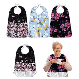 PIORISAN 3 Pack Adult Bibs for Women with Crumb Catcher,Waterproof and Reusable Clothing Protectors for Elderly (Butterfly Adult Bibs)