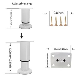 JAKOUE 4-Piece White Set of Adjustable Metal Furniture Support Legs with Screws, Height Range 3.15inch-4.72inch（80mm-120mm inches, Ideal for Chair, Bed, Sofa, Cabinet, Couch, Table
