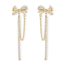 Sonateomber Gold Bow Stud Chain Drop Dangle Earrings for Women - Fashion Cubic Zirconia Rhinestone Crystal Butterfly earrings Illusion Double Piercing Jewerly Valentines Gift