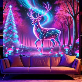 BlissYard Glowing Tapestry Deer Forest Tapestry Background Blacklight Tapestry for Bedroom UV Reactive Black Light Posters Colorful Backdrop 78x59 Inch Bedroom Living Room Aesthetic Home Decoration
