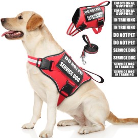 MOOGROU Service Dog Vest Harness and Leash Set+10 Patches,No Pull&Adjustable Reflective Dog Harness with Soft Padded Handle for Training/Everyday,Fit Small/Medium/Large/Extra-Large Dogs(Red L)