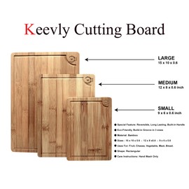Keevly Premium Bamboo Cutting Boards Set: 3-Piece Set for Kitchen, Meal Prep, Serving - Durable & Eco-Friendly Bamboo Chopping Boards for Meat, Vegetables, Fruits - Perfect Kitchen Gift