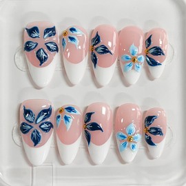 Handmade Press on Nails Almond Medium 3D Floral White French Tip Thick Acrylic Fake Nails False Nails with Blue Flower Designs Aesthetics Sturdy Nail Art Press on Nails 10Pcs(M)