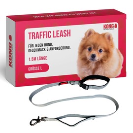 KONG Dog Lead in 1.5 m Length, for Large Dogs up to 50 kg, Size L, Traffic Safe Dog Lead in Grey, Reflective Lead with 2 Padded Hand Loops and Robust Snap Hook