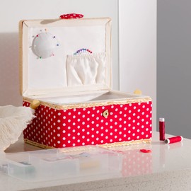 Navaris Sewing Box Sewing Box Sewing Case for Handmade - Basket with Practical Carry Handle - Handmade Basket with Sewing Accessories - Dots Red Design