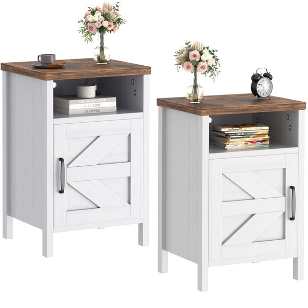 JUMMICO Farmhouse Nightstand, Modern Bedside Table Set of 2 with Barn Door and Shelf, Rustic End Table Side Table for Bedroom, Living Room (White)