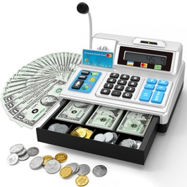 Calculator Cash Register - 103 Pcs Toy Cash Register, Store Set with Microphone, Credit Card and Banking for Kids, Toddler Math Learning Toys, Preschool Gifts for 3, 4, 5, 6, 7, 8+ Years Old Boy Girl