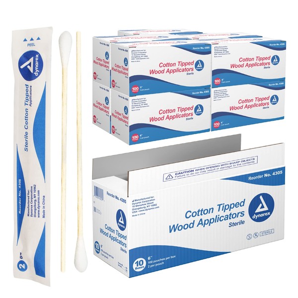 Dynarex 6-Inch Sterile Cotton Tipped Applicators - Single-Use Wooden Cotton Tip Applicators for Wound Care & Dressing, Hygiene, Make Up, Cleaning Tools, Jewelry - 2 per Pouch, 200 Packs x 10 Boxes