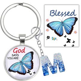 MKISHINE Christian Butterfly Gifts for Women Faith, Inspirational Alphabet Initial Letter Keychain Gifts for Women Friends, Butterfly Keychain for Keys Purse Backpack (M)