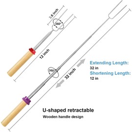 Barbecue Forks, Set of 8 Marshmallow Roasting Sticks Extendable 32 Inch Telescoping Stainless Steel Fire Pit Fork with Wooden Handle for BBQ Camping Campfire Party Picnic Fireplace