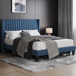 Yaheetech Queen Bed Frame Upholstered Platform Bed with Fabric Headboard, Wing Edge Design/Non-Slip and Noise-Free/Wooden Slats Support/No Box Spring Needed/Easy Assembly, Navy Blue Queen Bed