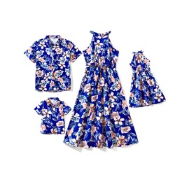 PATPAT Family Matching Outfits Mommy and Me Dresses Allover Boho Beach Hawaiian Tropical Floral Print Halter Neck Belted Ruffled Sundress and Short-Sleeve T-Shirts Set Navy Blue Women M