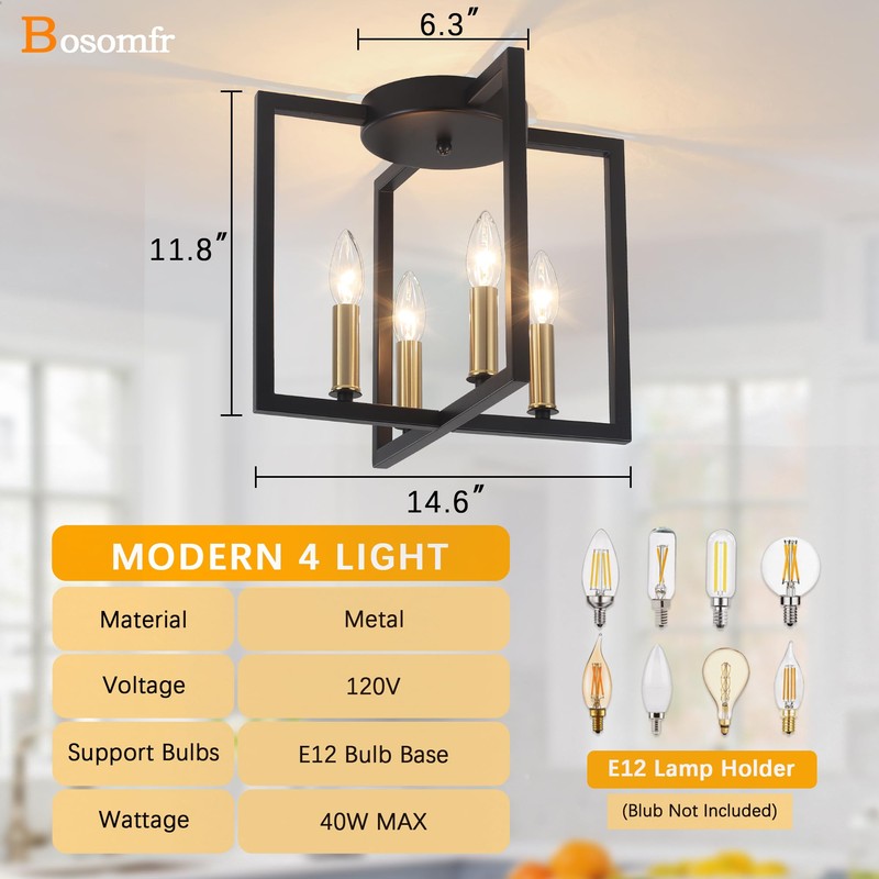 Modern Farmhouse 4-Light Black and Gold Ceiling Light Fixture, Industrial