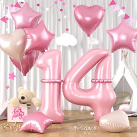 Pastel Pink 14 Balloons, Baby Pink 14 Number Balloons, Pink Number 14 Balloons Set, Pink Foil Star Heart Balloons With Long Balloons For Gilrs Woman 14th Birthday Party 1st 4th Baby Shower Decor