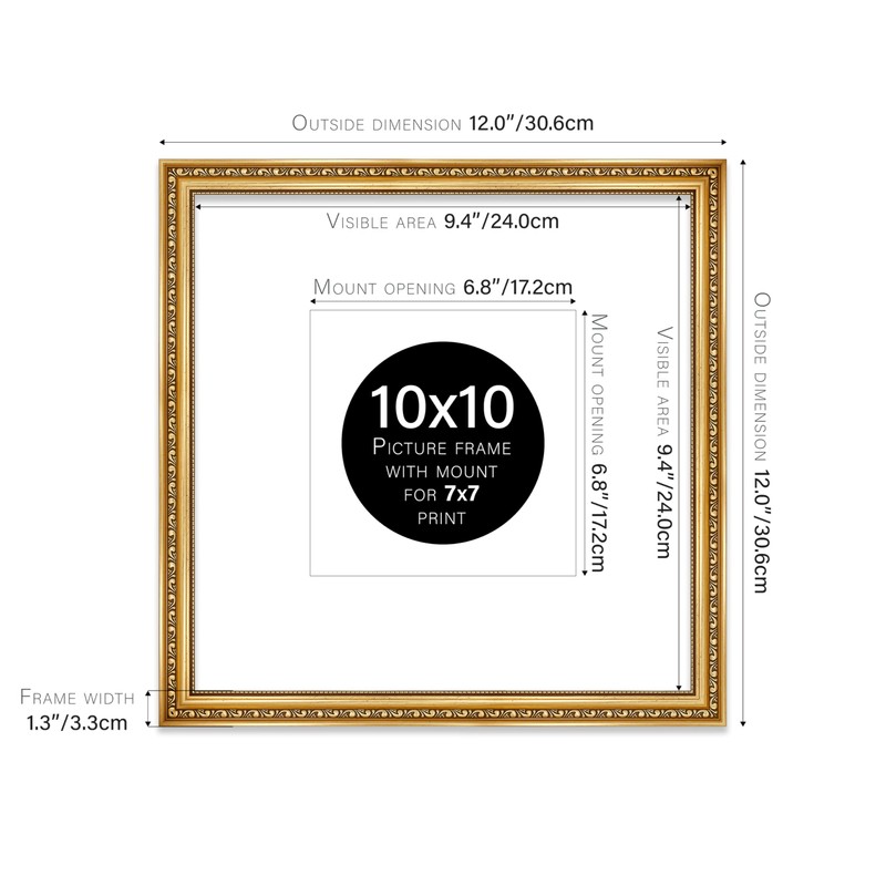 10x10 Gold Ornate Photo Frame With White Mat For 7x7
