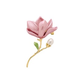 Peasimy Vintage Jade Orchid Brooch with Pearl Chinese Style Magnolia Flower Floral Pin for Women Party Jewelry Accessory for Blouse, Scarf or Jacket (Pink)