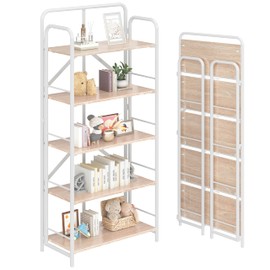 4NM No Assembly Folding Bookshelf, 5 Tier Vintage Industrial Book Shelf,Metal Foldable Storage Bookcase and Bookshelves for Living Room,Bedroom and Kitchen - Natural