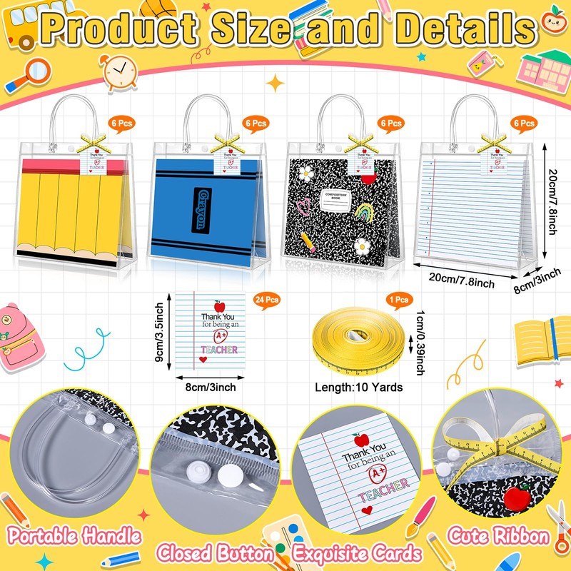24 Pack Back to School Gift Bags Bulk, Clear PVC