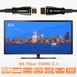 J-Tech Digital 8K HDMI Cable 100ft (30m) Fiber Optic HDMI 2.1, HDCP 2.3 | 8K 60Hz, 4K 120Hz, 4K 144Hz | HDR10, ARC, eARC | 48Gbps Ultra High Speed [JTECH-FCAB8K100]