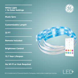 GE LED+ Color Changing LED Light Strip with Remote, 13W, Music Syncing Strip Light, 32ft