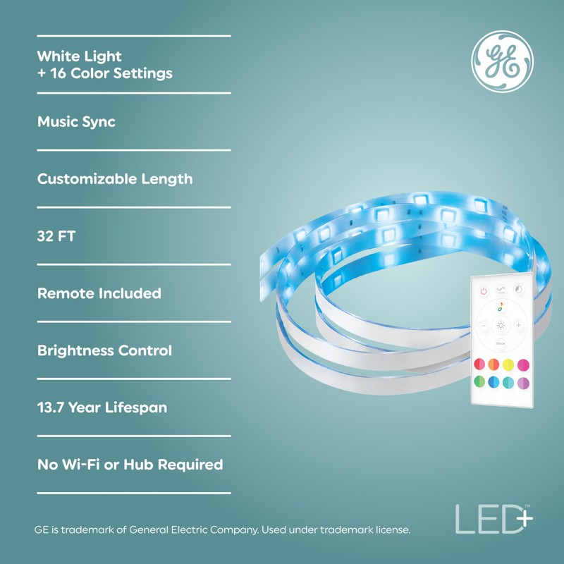 GE LED+ Color Changing LED Light Strip with Remote, 13W,