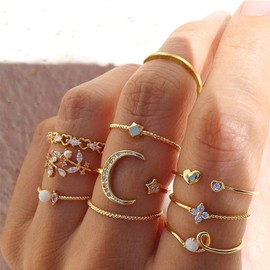 Gold Stackable Rings for Women Trendy Cute Rings Stuff Boho Moon Star Butterfly Knuckle Ring Set Dainty Gold Rings Pack Jewelry Gifts Teenage Girl Gifts (C:9PCS Star and moon ring set)