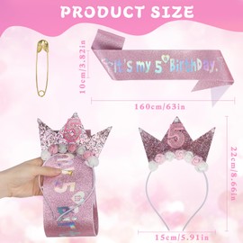 Bomiclss 5th Birthday Decorations for Girl Set,Pink 5th Birthday Sash and 5 Birthday Tiara Birthday Girl Crown for 5th Birthday Gifts 5th Birthday Decoration Party Accessories for Girls (Pink 5th)