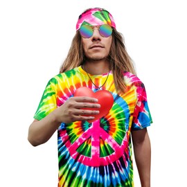 XonyiCos Hippie Costume for Men Women 60s and 70s colorful T-shirt sunglasses headband Peace necklace 4-piece theme party (Peace colorful 4-piece Set, X-Large)