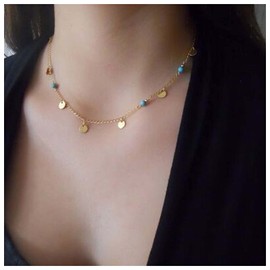 Yheakne Boho Turquoise Coin Choker Necklace Gold Disc Pendant Necklace Minimalist Blue Gemstone Necklace Vintage Station Necklace Jewelry for Women and Girls