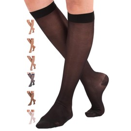 ABSOLUTE SUPPORT Made in USA Sheer Compression Socks for Women 15-20 mmHg - Support Hose Knee High Stockings, Black, Large