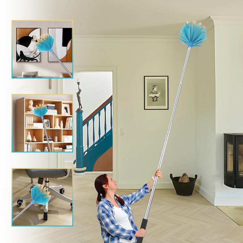 Cobweb Duster with Extension Pole，Medium Stiff Bristles Cobweb Duster Head