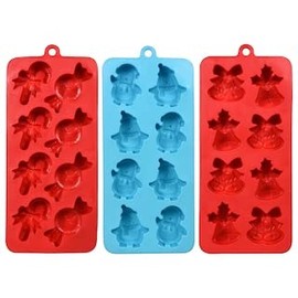 Holiday Trio Christmas Decor House Parties Fun Flexible Silicone Ice Mold Trays (Red, Blue) 3 Pack
