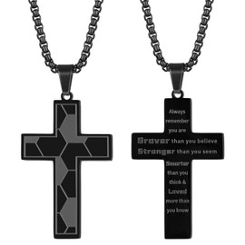 JerryHardice Soccer Cross Necklace for Men, Black Stainless Steel Cross Bible Verse Pendant Chain 22+2 Inch, Communion Baptism Religious Graduation Gifts for Him
